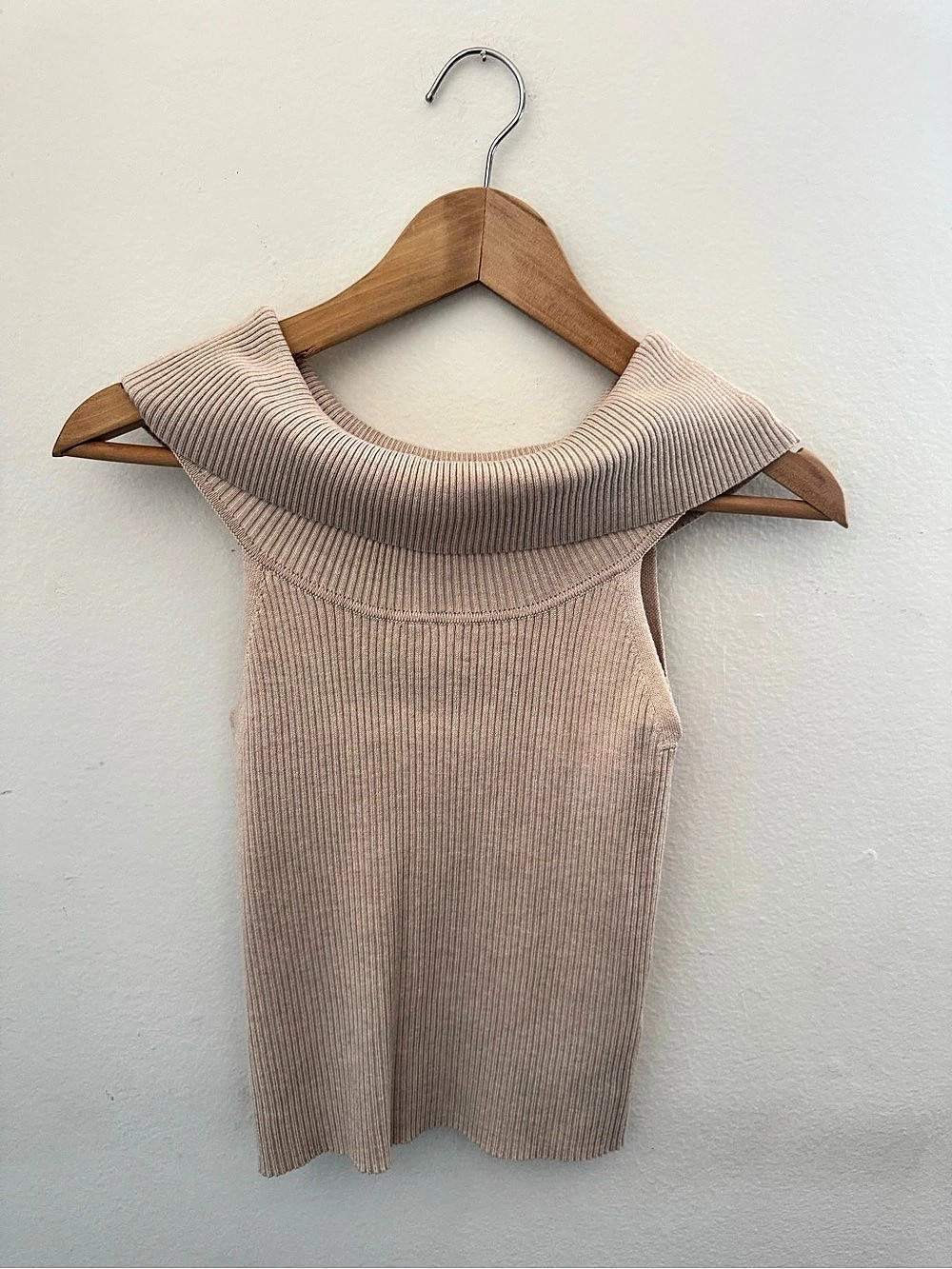 Pink Rose Ribbed Off-Shoulder Tank in Beige